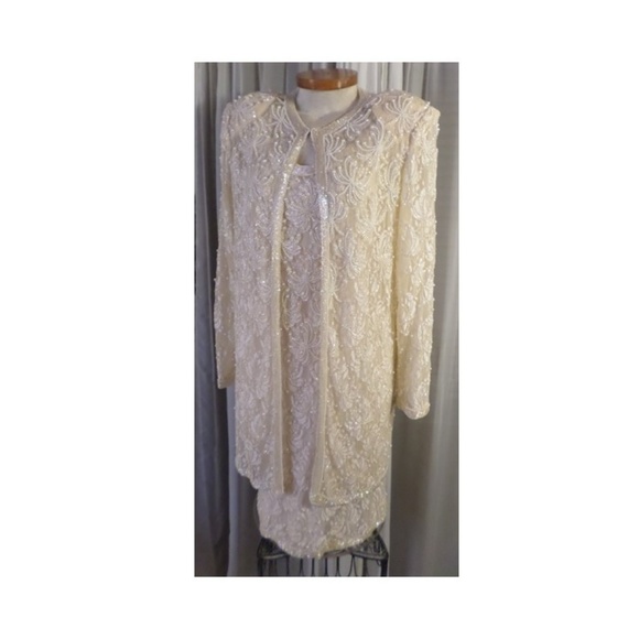 Lady XL Cream Formal Dress Jacket Set Bead Sequin - Picture 5 of 8